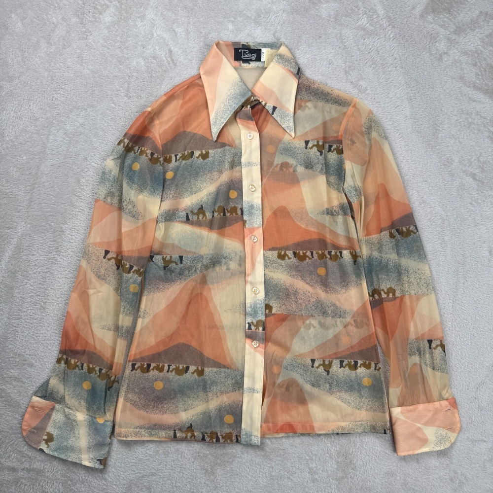 Vintage Tucci 80's Retro Sheer Longsleeve Blouse Womens 7/8 Multi-color Preowned